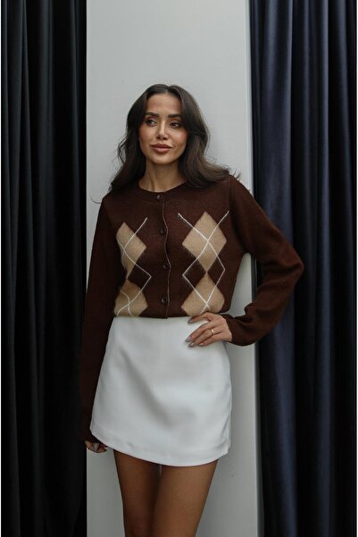 Havoş Brown Kenyon Baklava Patterned Knitwear Cardigan