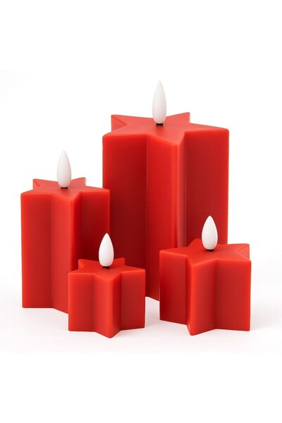 OEM Set of 4 red star-shaped battery LED candles - warm white flame