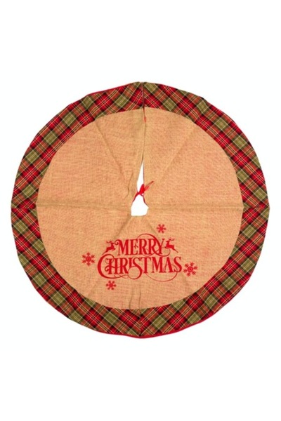 OEM Fustă de brad de Crăciun, iută bej „Crăciun fericit”, în carouri, 102 cm,...