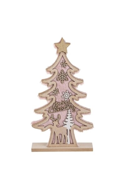 OEM Wooden Christmas Tree with Nude Pink Faux Fur & Decorative Reindeer 16x30cm