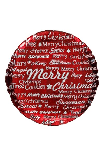 OEM Christmas Decorative Plate, Round Glass, Red, 33 cm Diameter, 2 cm Height, Silver Letters