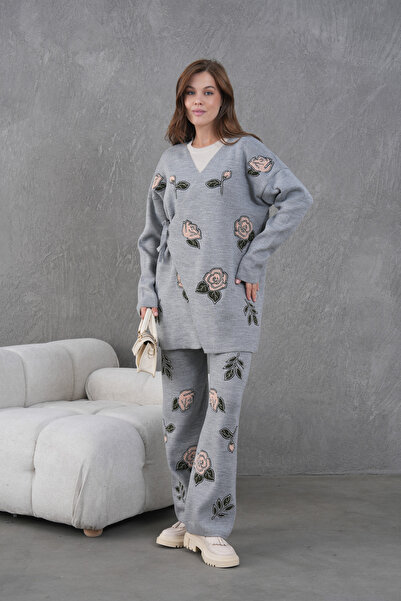 Miss Allos Women's Beaded Side-Tie Wide-Fit Knitwear Cardigan and Pants Bottom-Top Set