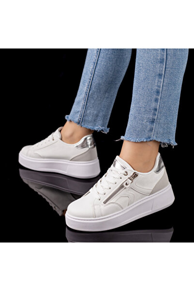 Modlet.ro Women's white thick-soled canvas shoes with laces MOD09602