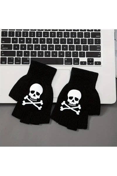 SOFT Unisex Siyah Parmaksız Eldiven – Kafatası Desenli, Punk Tarzı Aksesuar Ç...