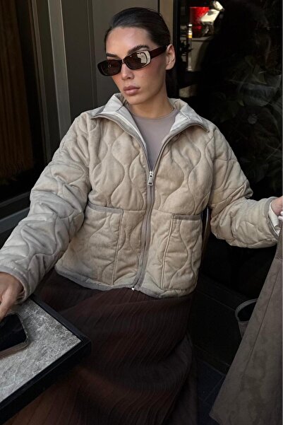 Madmext Μπεζ γυναικείο παλτό με καπιτονέ γιακά MG2568