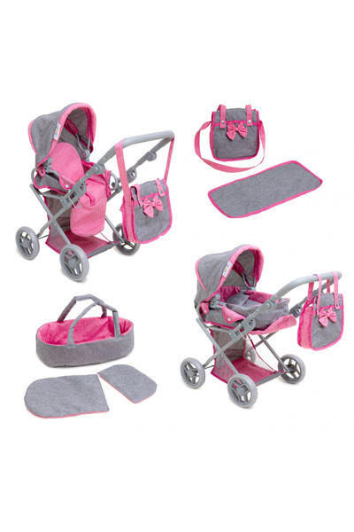 Doris Carucior pliabil pentru papusi Gri/Roz 2in1 cu maner si copertina reglabile,saltea de infasat,