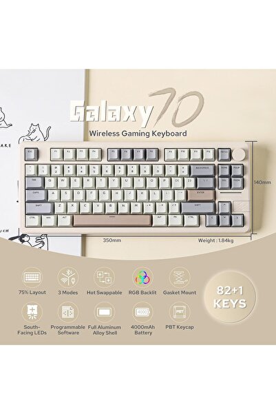 Epomaker لوحة مفاتيح الألعاب اللاسلكية Galaxy70، مصنوعة من الألومنيوم بنسبة 75%، بلوتوث/2.4 جيجاهرتز/USB-C، قابلة للتبديل السريع (أبيض)