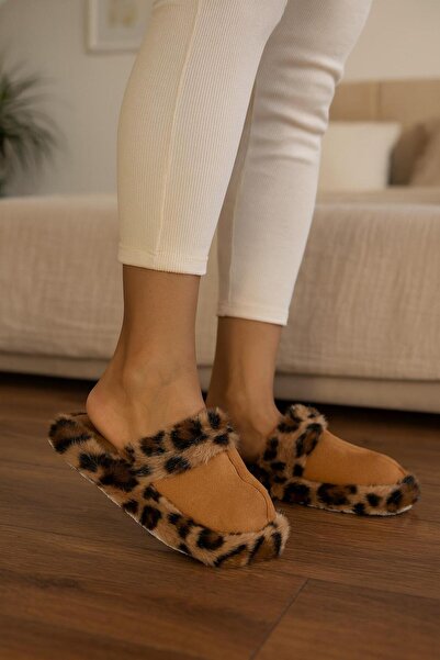 MODAONN Leopar Desenli Kışlık Sessiz Ev Terliği