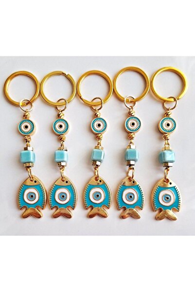 Svc Aksesuar Gift 5 pcs Turquoise Lucky Fish Keychain with Evil Eye Beads 10 cm