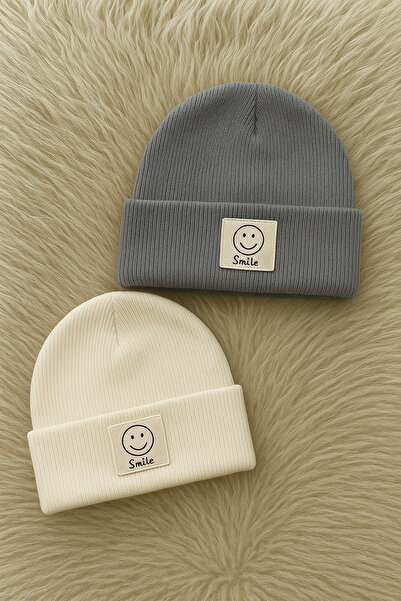 ESES BEBE 2-Pack Smile Smiley Face Stretchy Camisole Beanie Gray Cream