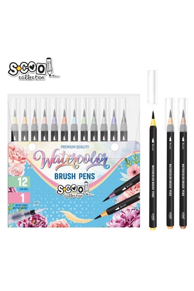 S COOL Set de 12 markere cu vârf pensulă pe bază de apă + 1 pensulă cu rezerv...