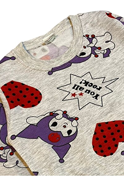 Pajama Shop Girl's Cotton Fabric Gray Color Kuromi Patterned Long Sleeve Seasonal Pajama Set