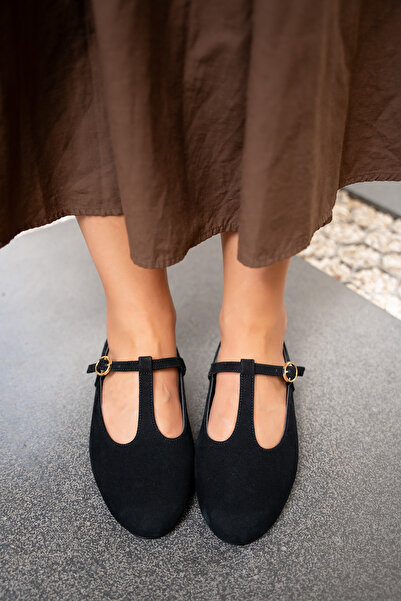 LAMİNTA Judi Black Suede Stripe Detailed Women's Ballerinas