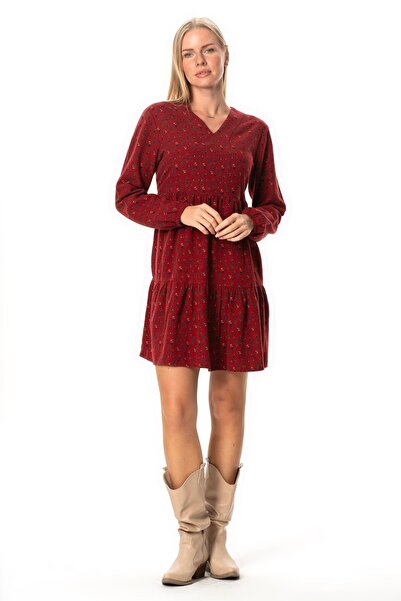 Eliş Şile Bezi Uzun Kol Alara Çiçek Desenli V Yaka Pazen Kısa Kışlık Elbise Bordo Brd