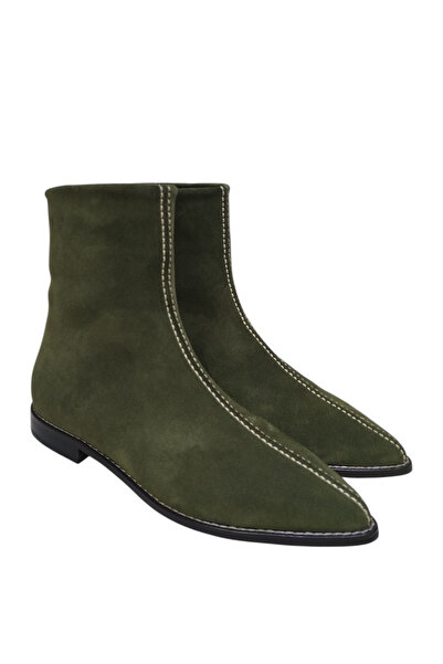 DRY SHOES Kadın Yeşil Streç Bot Ayakkabı İç Hakiki Deri Sivri Burun Dikişli F...