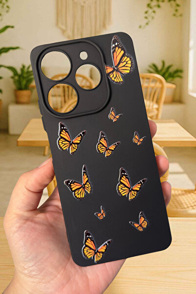 Vip Case Tecno Spark 10 PRO Uyumlu Turuncu Kelebek Desenli Silikon Darbe Emic...
