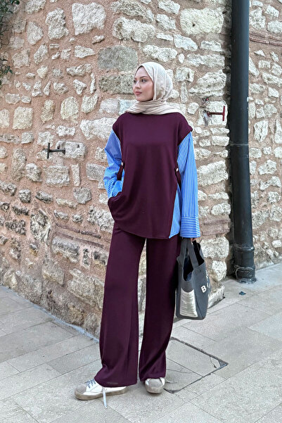 LOCCO Women's Side Buttoned Shirt Detailed Suit Burgundy