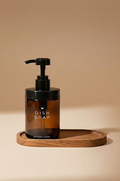 KHAKMA Set of 2 Amber Glass Soap Dispensers with Wooden Stand – Hand and Dish Soap Set (with Pump) - 250 ml