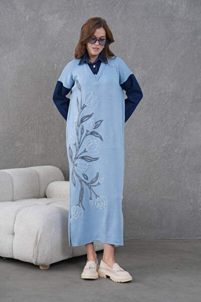 Miss Allos Rochie lungă din tricot pentru femei, cu mâneci din denim, cu broderie în față
