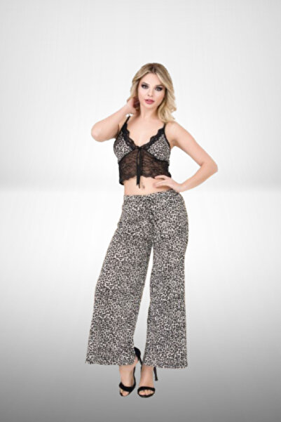 TUĞ HAN SİLVER Black S/M - L/Xl Size White Leopard Lace Bralette Top Suspender Women's Pajama Set
