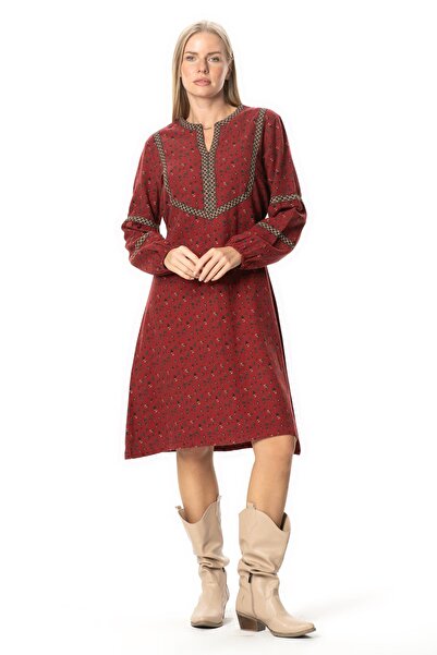 Eliş Şile Bezi Long Sleeve Nurperi Flannel V-Neck Patterned Winter Midi Dress Burgundy Brd