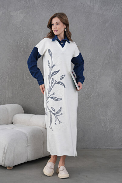 Miss Allos Women's Sleeves Denim Front Beading Wide Fit Long Knitwear Dress