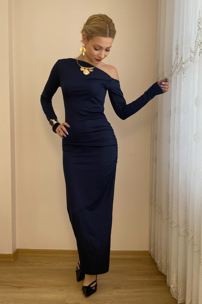 moddosa fashion Kadın Asimetrik Kesim Yaka Uzun Kollu Yanı Büzgülü Uzun Elbise