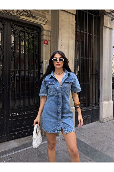 CARLA MARA Önü Düğmeli Cepli Mavi Jean Elbise