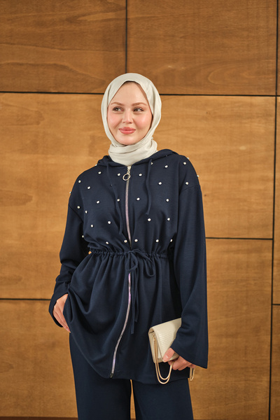 LOCCO Γυναικεία Πέτρινη Λεπτομέρεια με κουκούλα Σετ Ναυτικό Μπλε