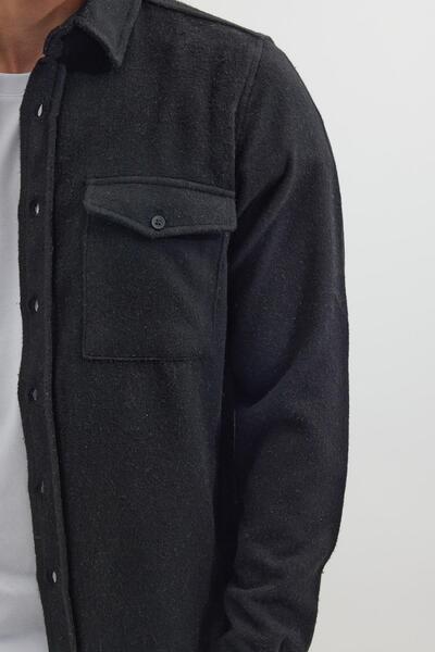 Tudors Erkek Slim Fit Tek Cep Kapaklı Düz Oduncu Spor Siyah Gömlek