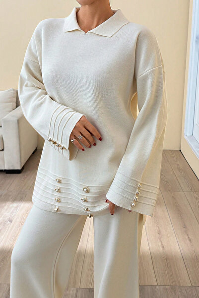 H&E LUXURY DESIGN Women's Ecru Gofra Detailed Knitwear Set – Pearl Button Detailed Top and Wide-Leg Pants”