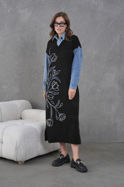 Miss Allos Kadın Kolları Kot Önü Boncuk İşlemeli Geniş Kalıp Uzun Triko Elbise