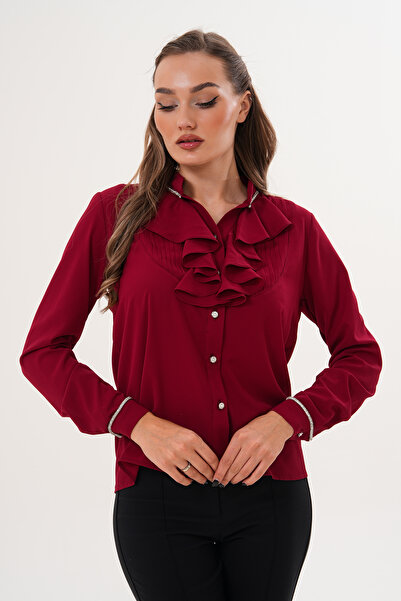 Loom Boutique Büyük Beden Robası Nervürlü Volanlı Kristal Taş Şeritli Krep Gö...