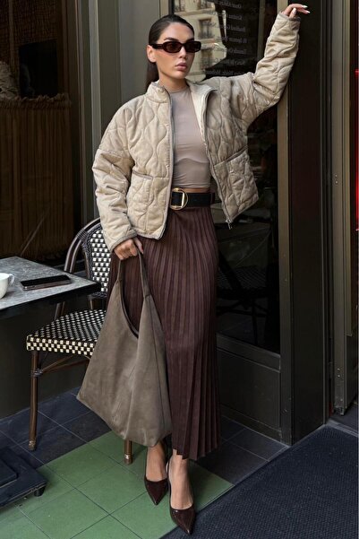 Madmext Μπεζ γυναικείο παλτό με καπιτονέ γιακά MG2568