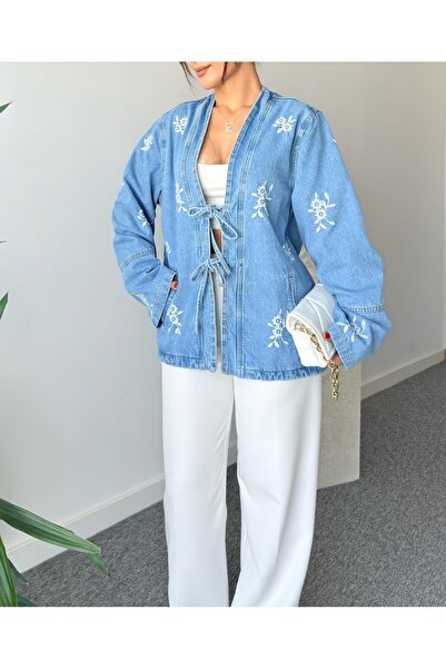 Lavanta Tekstil Τζιν μπουφάν με κορδόνια με λεπτομέρεια κεντήματος