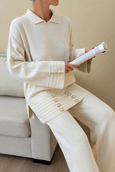 H&E LUXURY DESIGN Women's Ecru Gofra Detailed Knitwear Set – Pearl Button Detailed Top and Wide-Leg Pants”