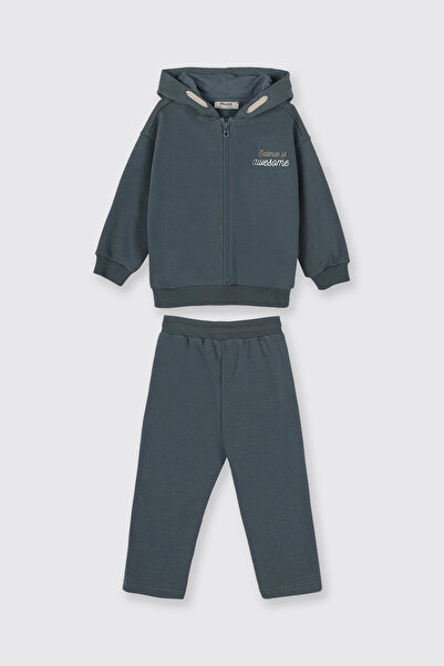 Panço Erkek Bebek Kapüşonlu Fermuarlı Sweatshirt Beli Lastikli Petrol 2'li Eşofman Takımı