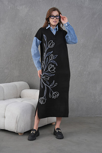 Miss Allos Kadın Kolları Kot Önü Boncuk İşlemeli Geniş Kalıp Uzun Triko Elbise