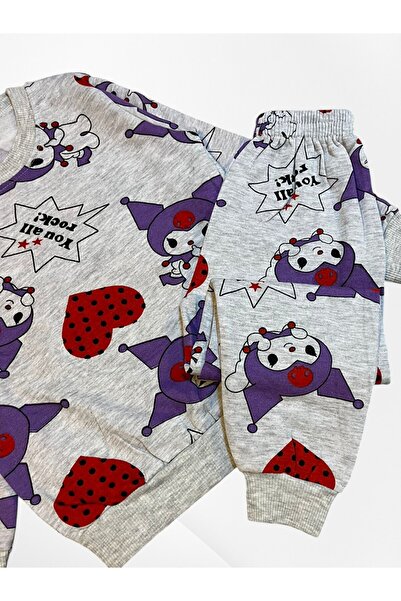 Pajama Shop Girl's Cotton Fabric Gray Color Kuromi Patterned Long Sleeve Seasonal Pajama Set