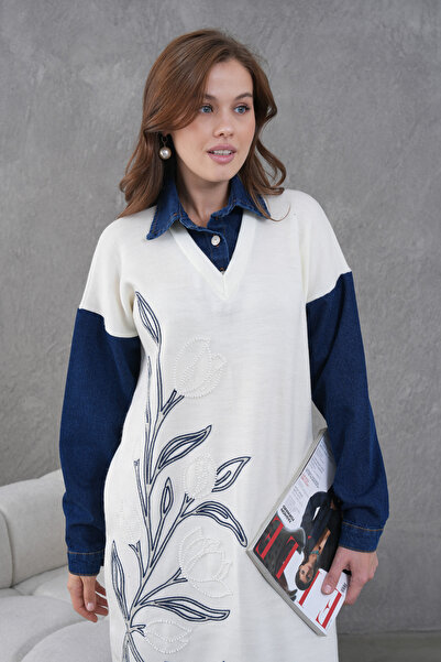 Miss Allos Women's Sleeves Denim Front Beading Wide Fit Long Knitwear Dress