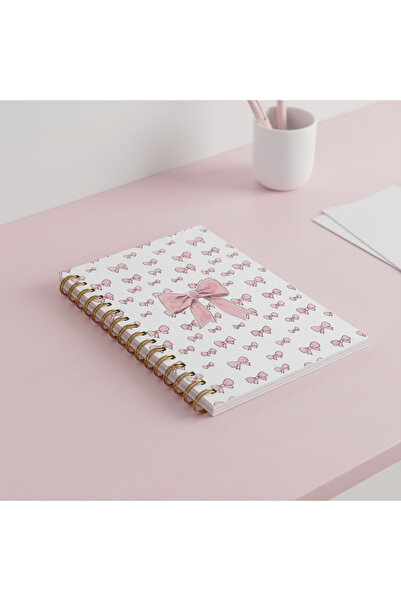 lin notebook A5 15x21 Cm Spiralli Kalın Kapak Çizgili, Tarihli, Not, Okul, Defteri, Pembe Fiyonk Desenli Defter