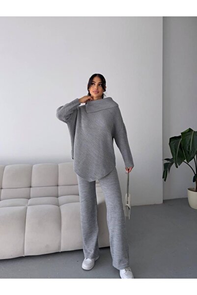CARLA MARA Shawl Collar Sweater Suit Gray