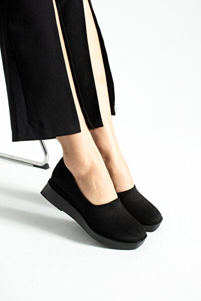 SHOW LİFE Black Suede Wedge Heel Ballerinas / Daily Comfortable and Stylish Platform Sole Women's Shoes