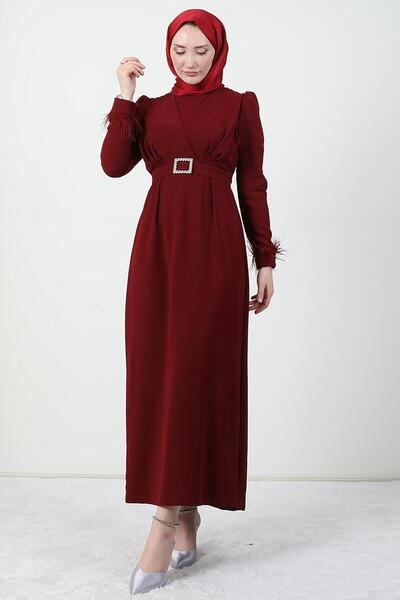 GİYZAMİLA Feather Detail Hijab Dress Claret Red
