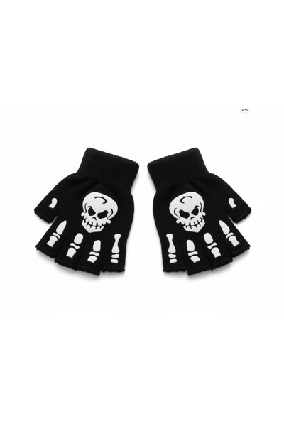 SOFT ☠️ İskelet Desenli Parmaksız Eldiven – Kafatası ve Kemik Tasarımıyla Gotik Tarz Çocuk Eldiveni