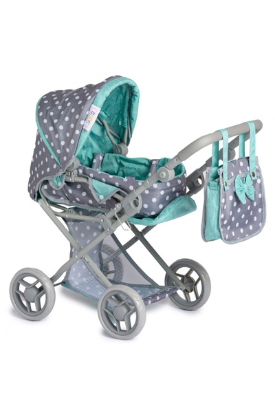 Doris Carucior pliabil pentru papusi Gri/Turcoaz 2in1 cu maner si copertina reglabile,saltea de infa