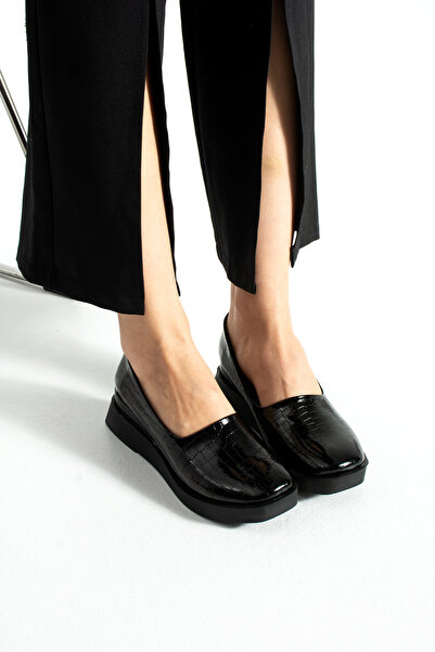 SHOW LİFE Black Suede Wedge Heel Ballerinas / Daily Comfortable and Stylish Platform Sole Women's Shoes