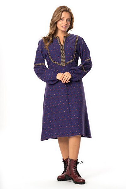 Eliş Şile Bezi Long Sleeve Nurperi Flannel V-Neck Patterned Winter Midi Dress Purple Purple