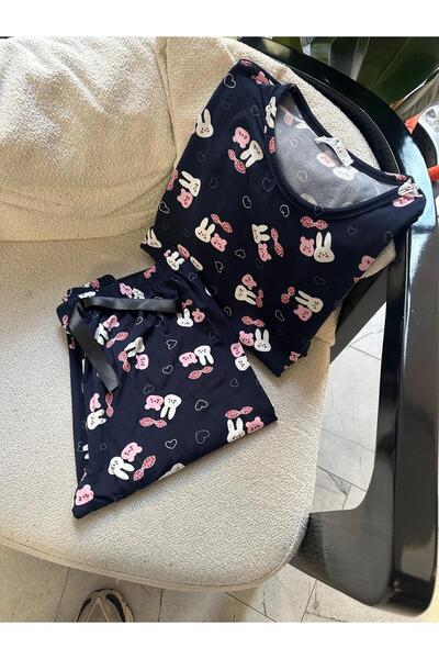 lamelif Desenli Pijama Takımı Lacivert