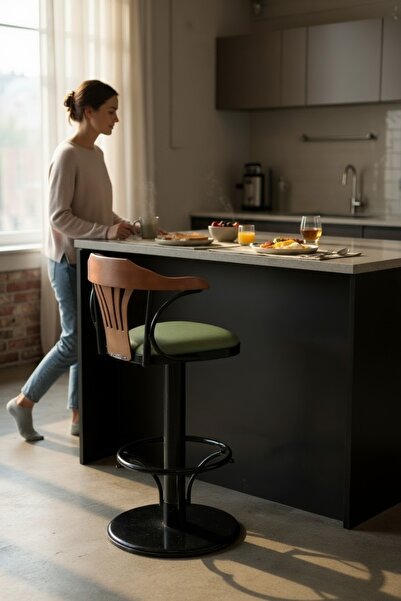 DENGEMA T168/75 Dönerli Bar Sandalyesi – Yeşil Deri Oturum, İnegöl Ceviz Sırt 75 cm Yükseklik